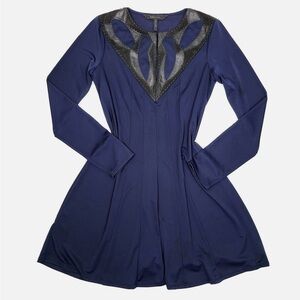 BCBGMaxAzaria Midnight Blue Jaena Embellished Long Sleeve Flounce Dress- Leather